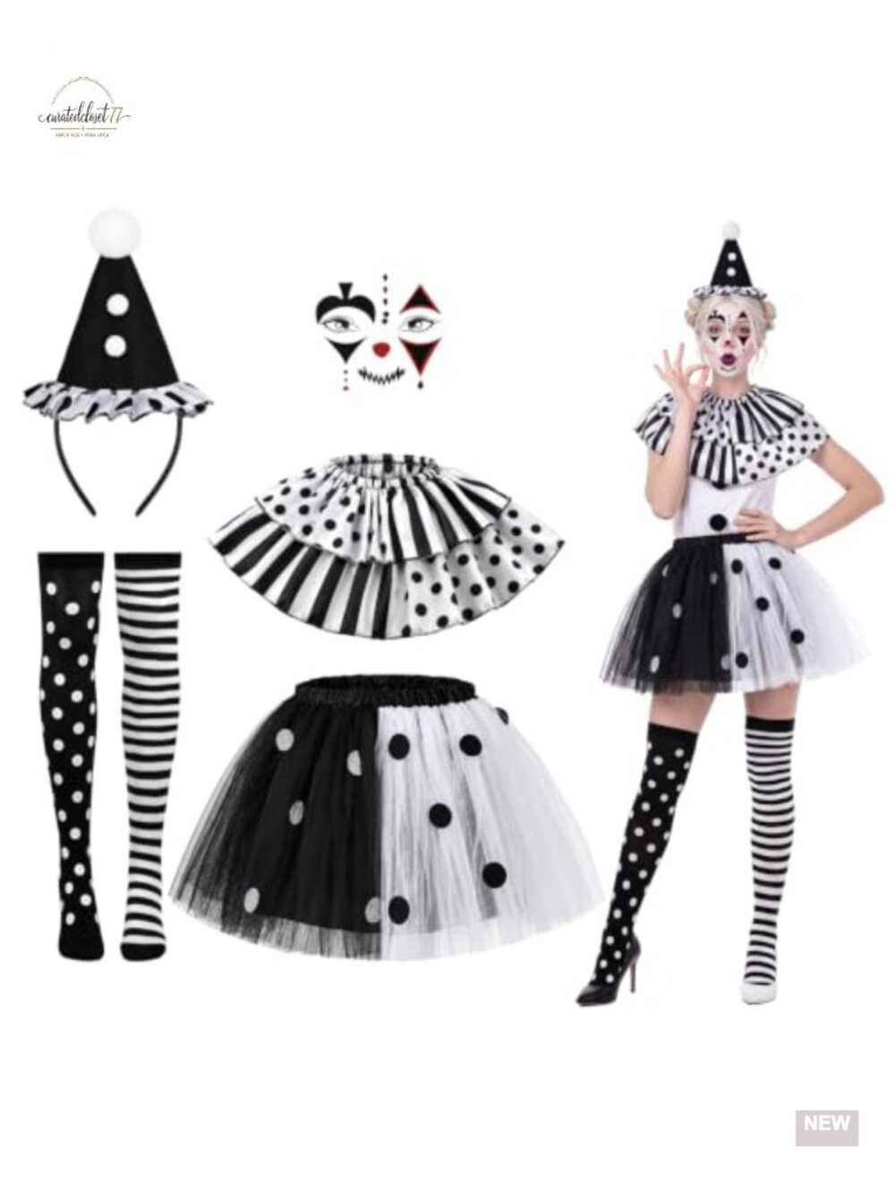Halloween Clown Costume Accessories Set Women Tutu Collar Headband Socks Tattoos